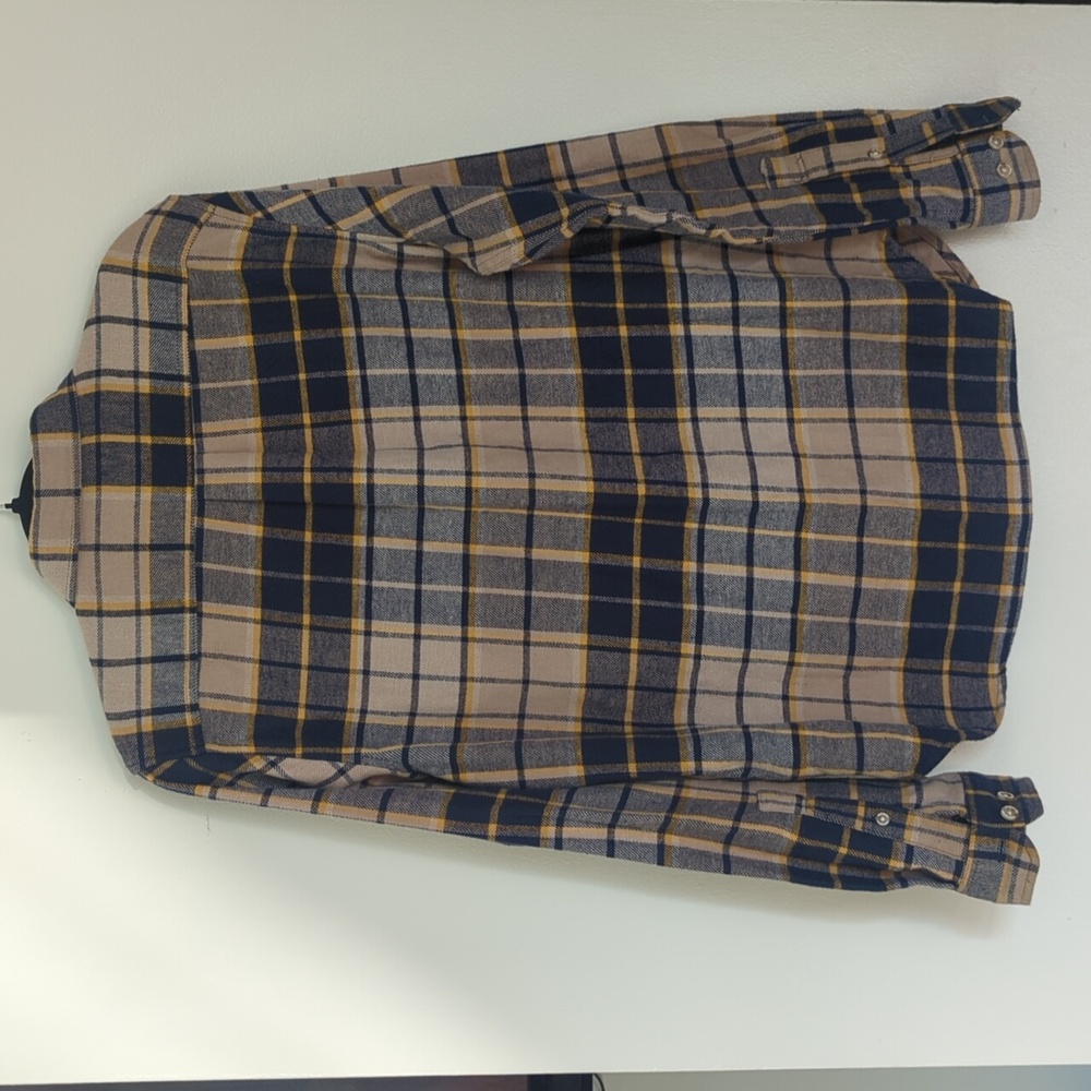 🌸 Eddie Bauer Men's Blue Yellow Tan Plaid Flannel Button Down Shirt Medium - Picture 7 of 9